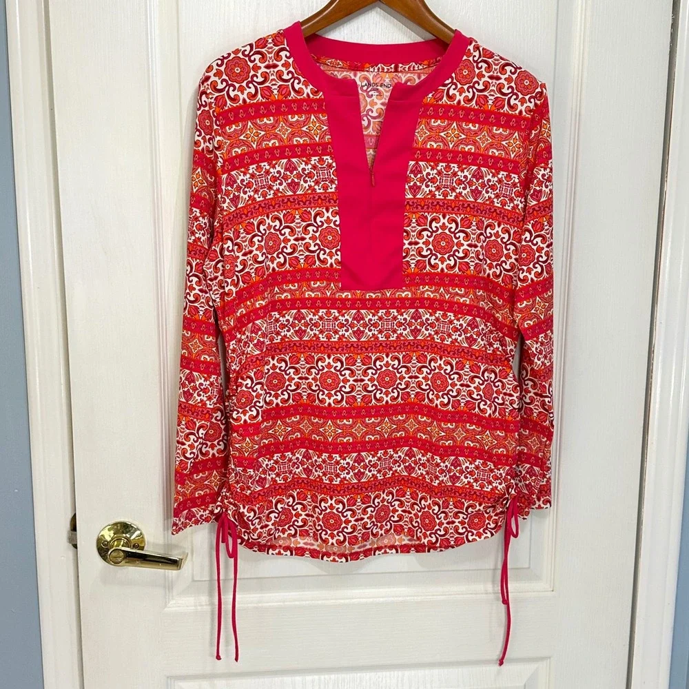 Lands End Womens L Petite Pink Orange Floral Rash Guard Swim Tunic Quarter Zip